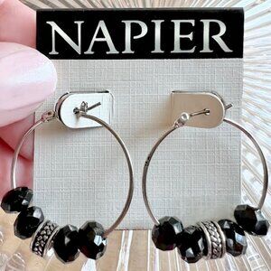 Vintage 1980's Napier Hoop Earrings Silver & Black Faceted Beads - NEW